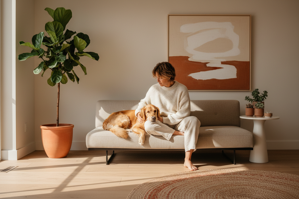 Create a premium lifestyle scene for the pet-tech brand Juicy Gadget™.
Generate the image in a 3:2 horizontal aspect ratio.
Show a pet (dog or cat) and its owner standing or sitting together in a cozy, minimalist, warm-toned home interior.
Both should be positioned slightly off-center but fully inside the safe middle zone of the frame, with enough space above their heads and on both sides, so the image remains correctly framed after cropping to 16:9 or 2.6:1.
Avoid placing important subjects near the edges.