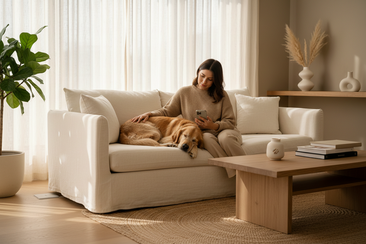 Create a warm, premium lifestyle photo for a modern pet-tech brand.
Show a pet (dog or cat) and its owner in a cozy minimalist living room with soft natural light.
Neutral warm tones, clean composition, organic textures, calm vibe.
The camera is placed at medium distance — the subjects are fully visible but not too close.
Aesthetic, elegant, authentic, emotionally comforting.
High-end, soft, editorial style.